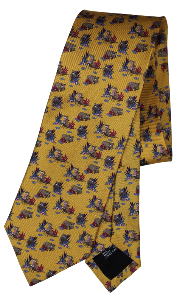 Drake's - Yellow Silk Tie w/Hippo Print