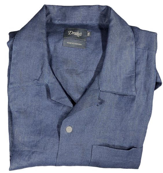 Drake's - Navy Linen Open Collar Shirt w/Short Sleeves