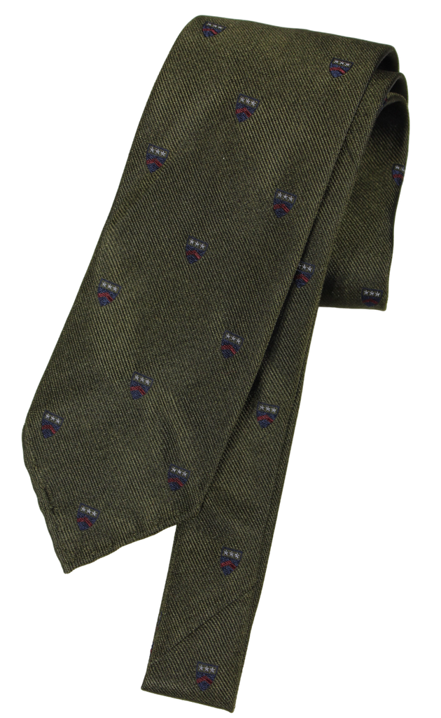 Drake's - Olive Grosgrain Silk Tie w/Navy Crest Pattern