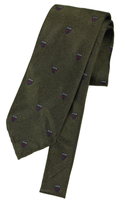 Drake's - Olive Grosgrain Silk Tie w/Navy Crest Pattern