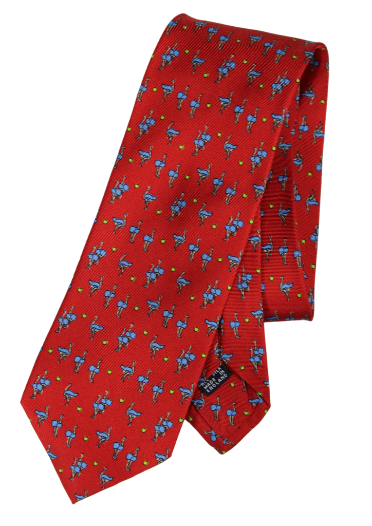 Drake's - Red Silk Tie w/Blue Ostrich Print