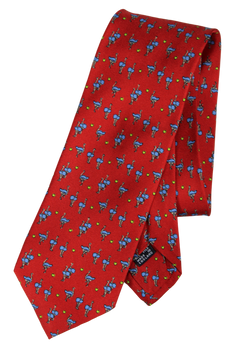 Drake's - Red Silk Tie w/Blue Ostrich Print