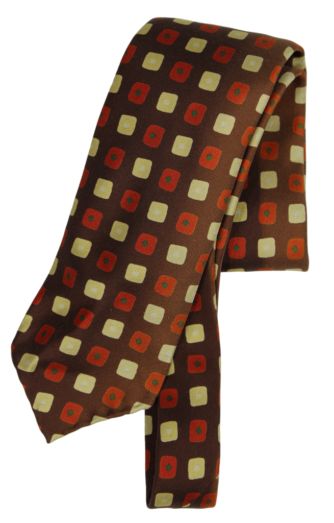 Drake's - Brown Silk Tie w/Orange and Cream Square Pattern [IMPERFECT - FS]