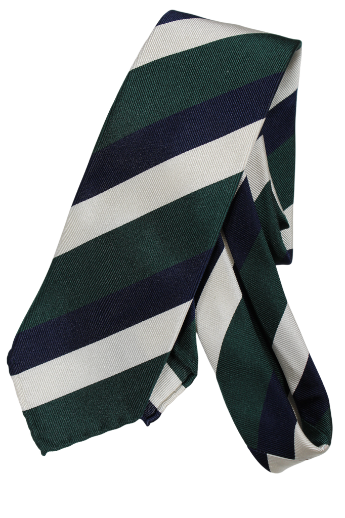 Drake's - Grosgrain Silk Tie w/Green, Blue & Off-White Regimental Stripe