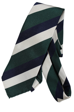 Drake's - Grosgrain Silk Tie w/Green, Blue & Off-White Regimental Stripe