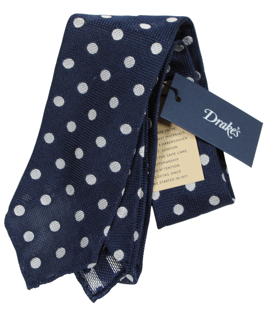 Drake's - Navy Grenadine Silk Tie w/Silver Dot Pattern