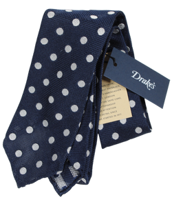 Drake's - Navy Grenadine Silk Tie w/Silver Dot Pattern