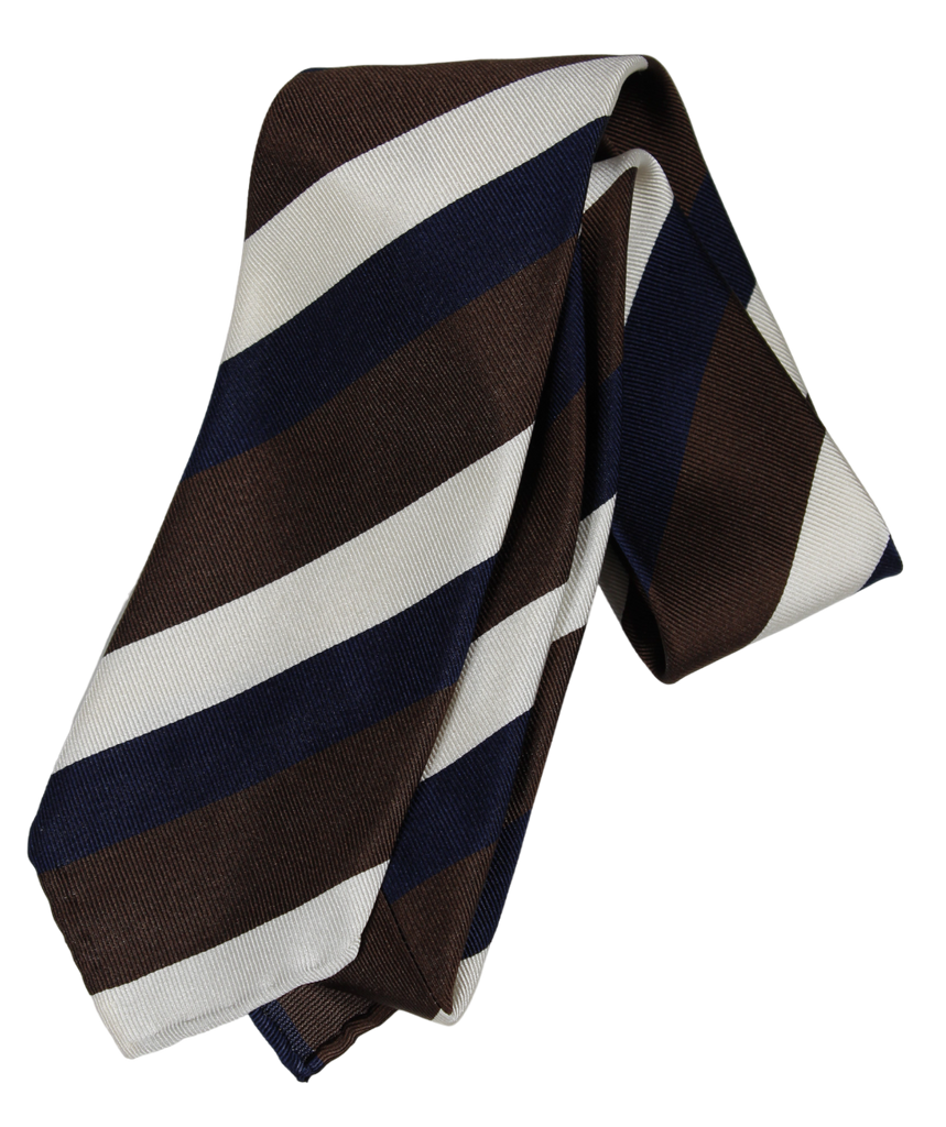 Drake's - Grosgrain Silk Tie w/Brown, Navy & Off-White Regimental Stripe