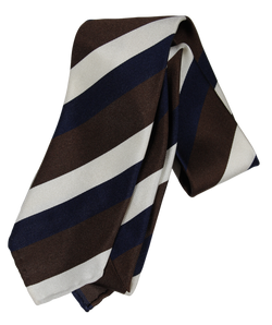 Drake's - Grosgrain Silk Tie w/Brown, Navy & Off-White Regimental Stripe