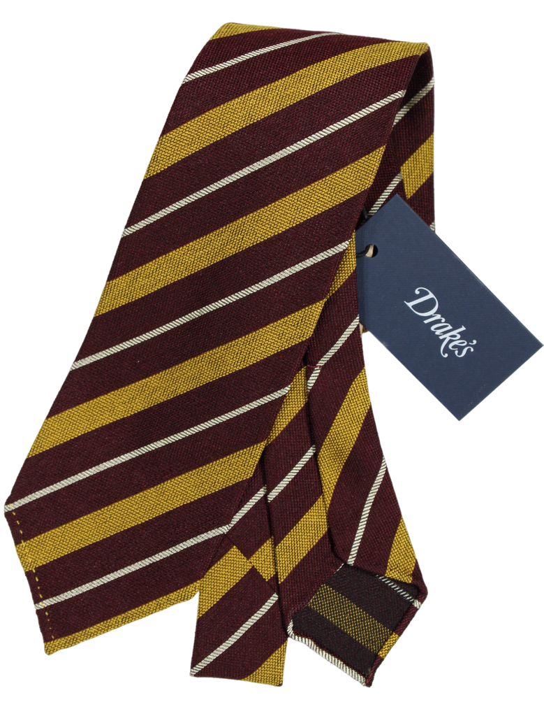 Drake's - Open-Weave Burgundy SIlk Tie w/Mustard Repp Stripe