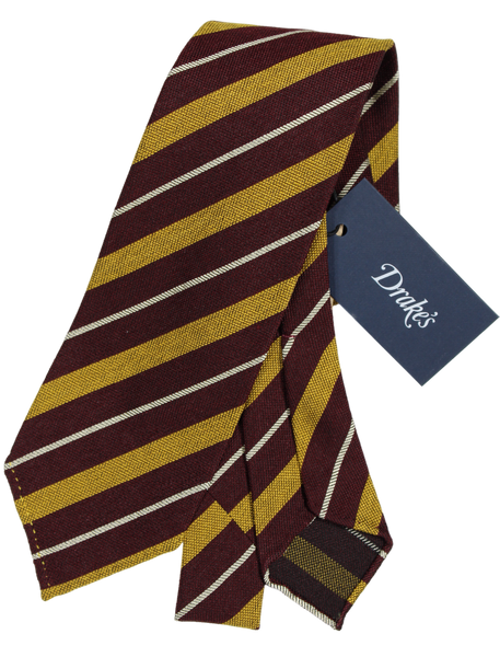 Drake's - Open-Weave Burgundy SIlk Tie w/Mustard Repp Stripe