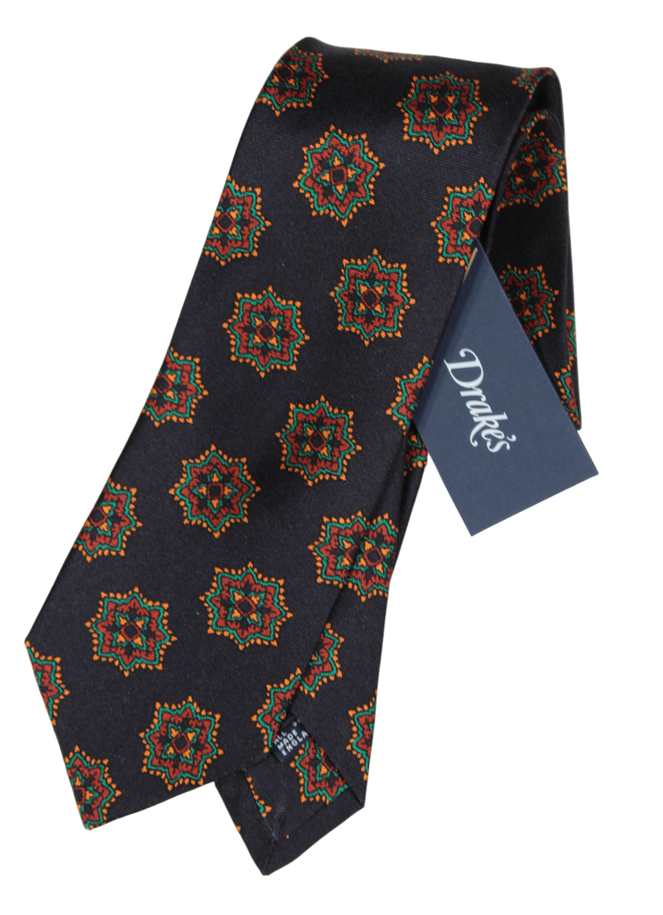 Drake's - Dark Navy Silk Tie w/Ancient Madder Print