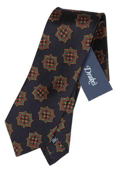 Drake's - Dark Navy Silk Tie w/Ancient Madder Print