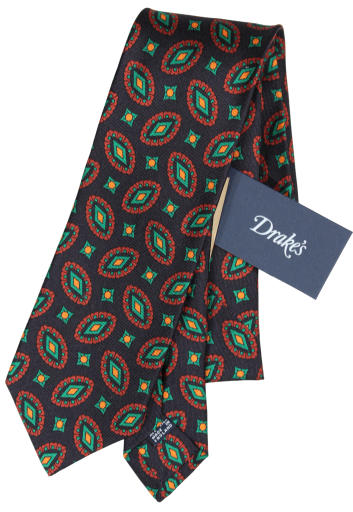 Drake's - Dark Navy Silk Tie w/Ancient Madder Print