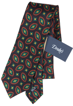 Drake's - Dark Navy Silk Tie w/Ancient Madder Print