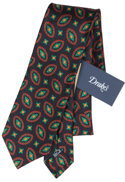 Drake's - Dark Navy Silk Tie w/Ancient Madder Print