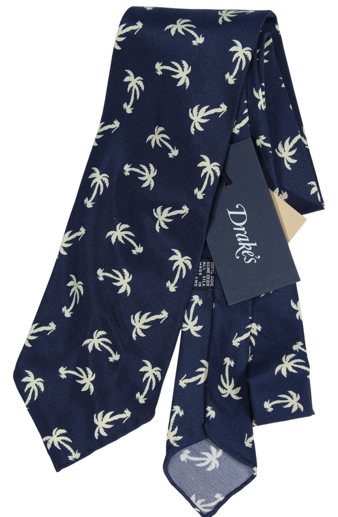 Drake's - Navy Silk Tie w/Palm Tree Print