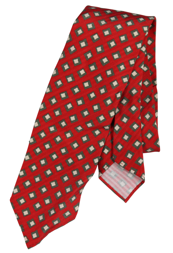 Drake's - Red Silk Tie w/Green Square Print