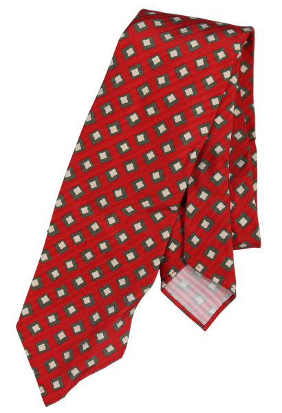 Drake's - Red Silk Tie w/Green Square Print