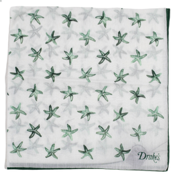 Drake's – Off-White Pocket Square w/Green Starfish Print