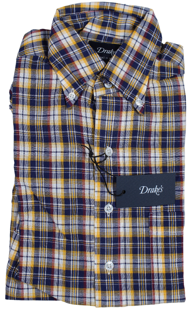 Drake's – Navy, Red & Yellow Madras Plaid Shirt