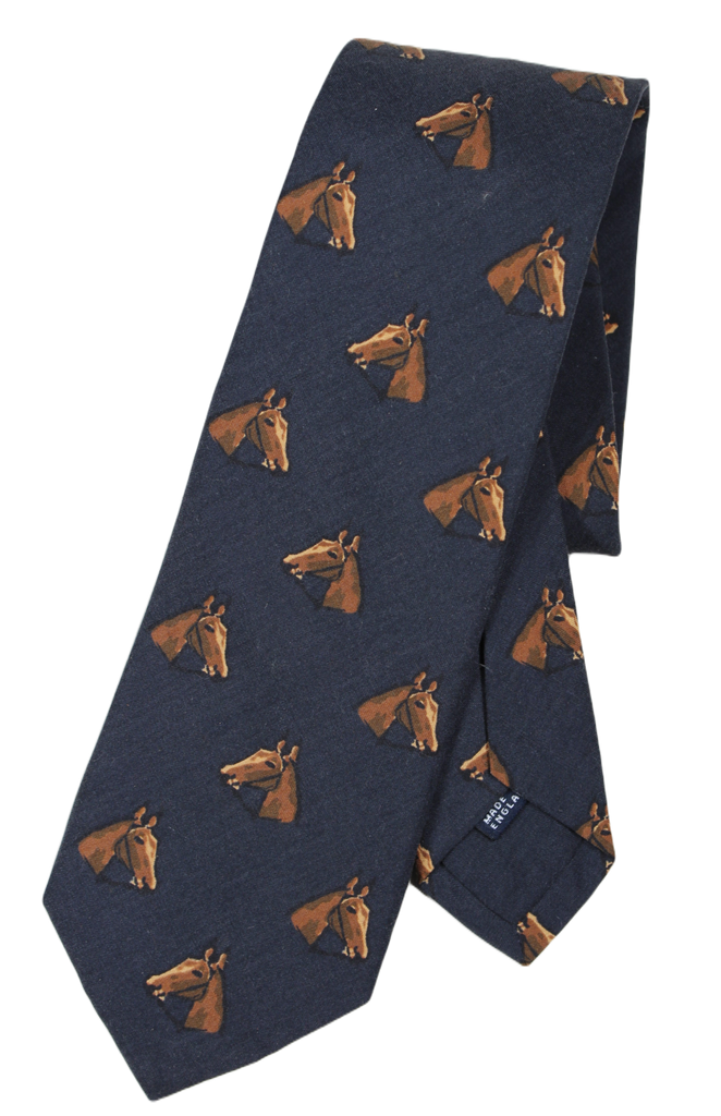 Drake's - Navy Silk Tie w/Brown Horse Print