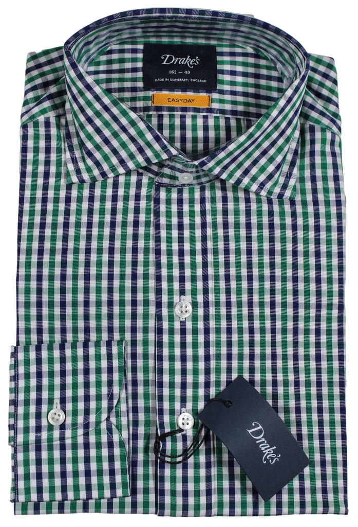 Drake's - Navy & Green Gingham Check Dress Shirt