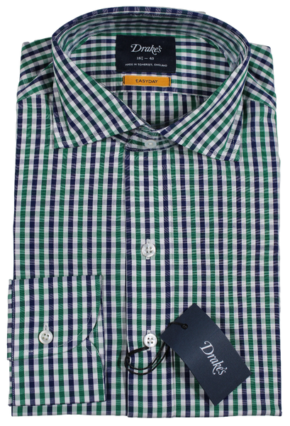 Drake's - Navy & Green Gingham Check Dress Shirt