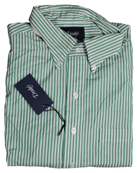 Drake's - Green Stripe Shirt w/Button-down Collar