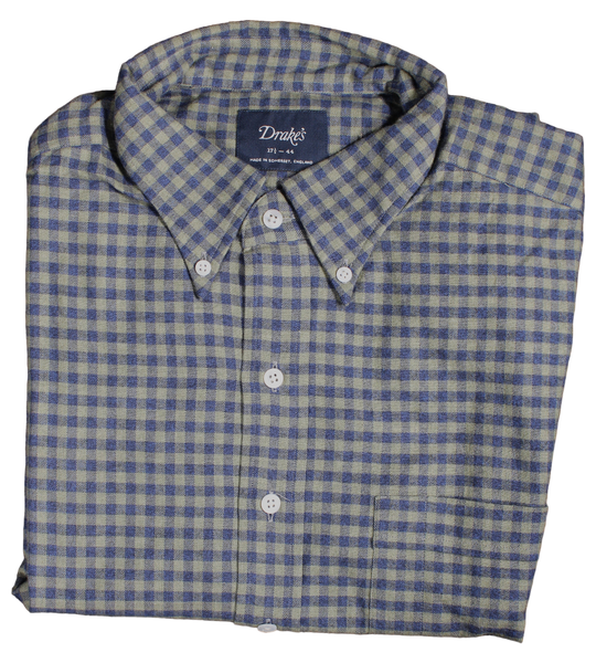 Drake's - Faded Blue & Green Check Light Flannel Shirt