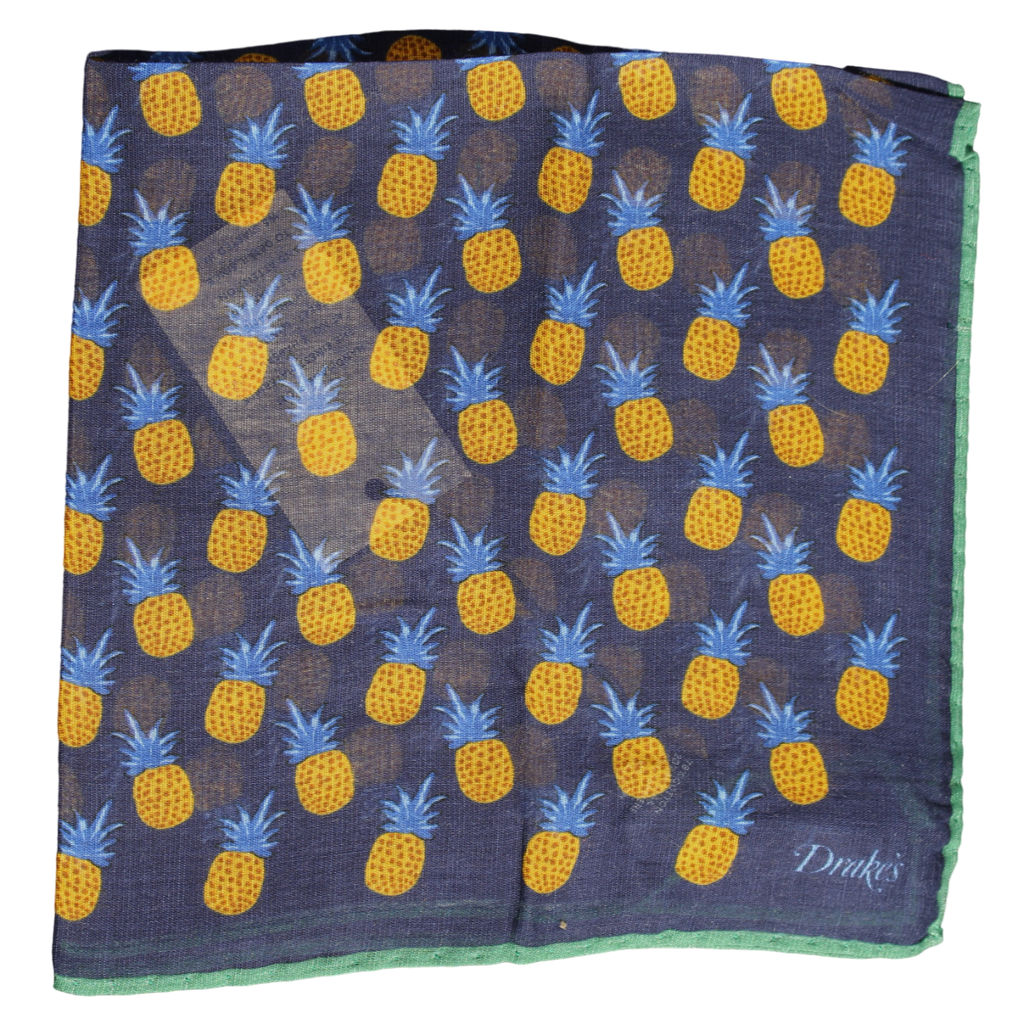 Drake's - Navy Pocket Square w/Pineapple Print