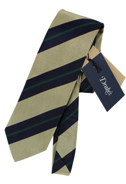 Drake's - Khaki Grosgrain Silk Tie w/Navy & Green Repp Stripe