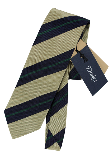 Drake's - Khaki Grosgrain Silk Tie w/Navy & Green Repp Stripe