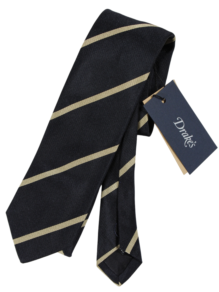 Drake's - Navy Grosgrain Silk Tie w/Khaki Repp Stripe