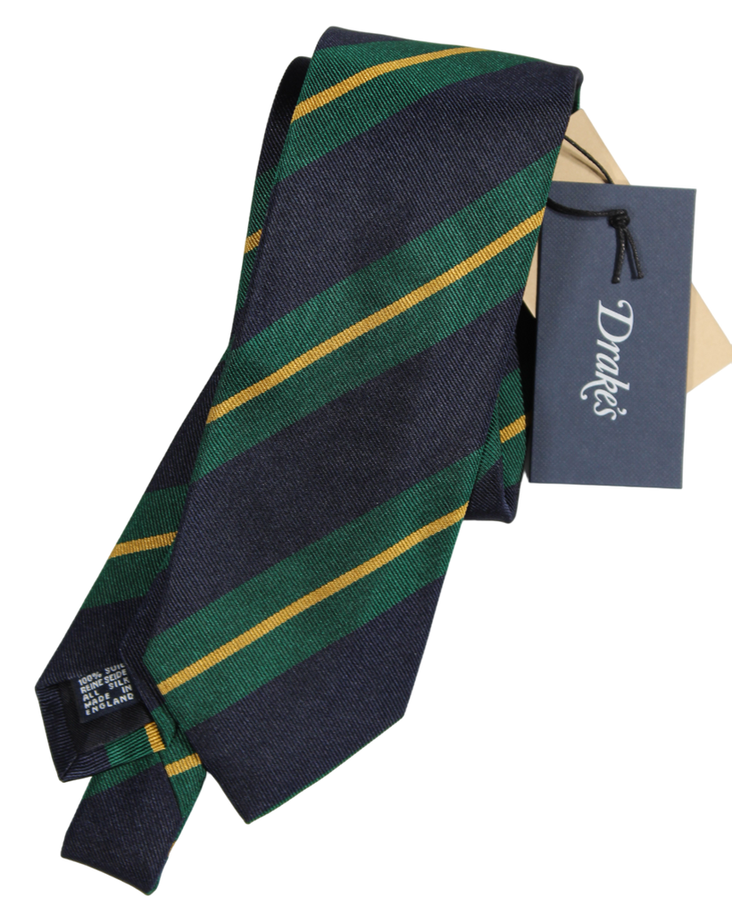 Drake's - Navy & Green Repp Stripe Silk Tie