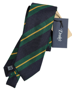 Drake's - Navy & Green Repp Stripe Silk Tie