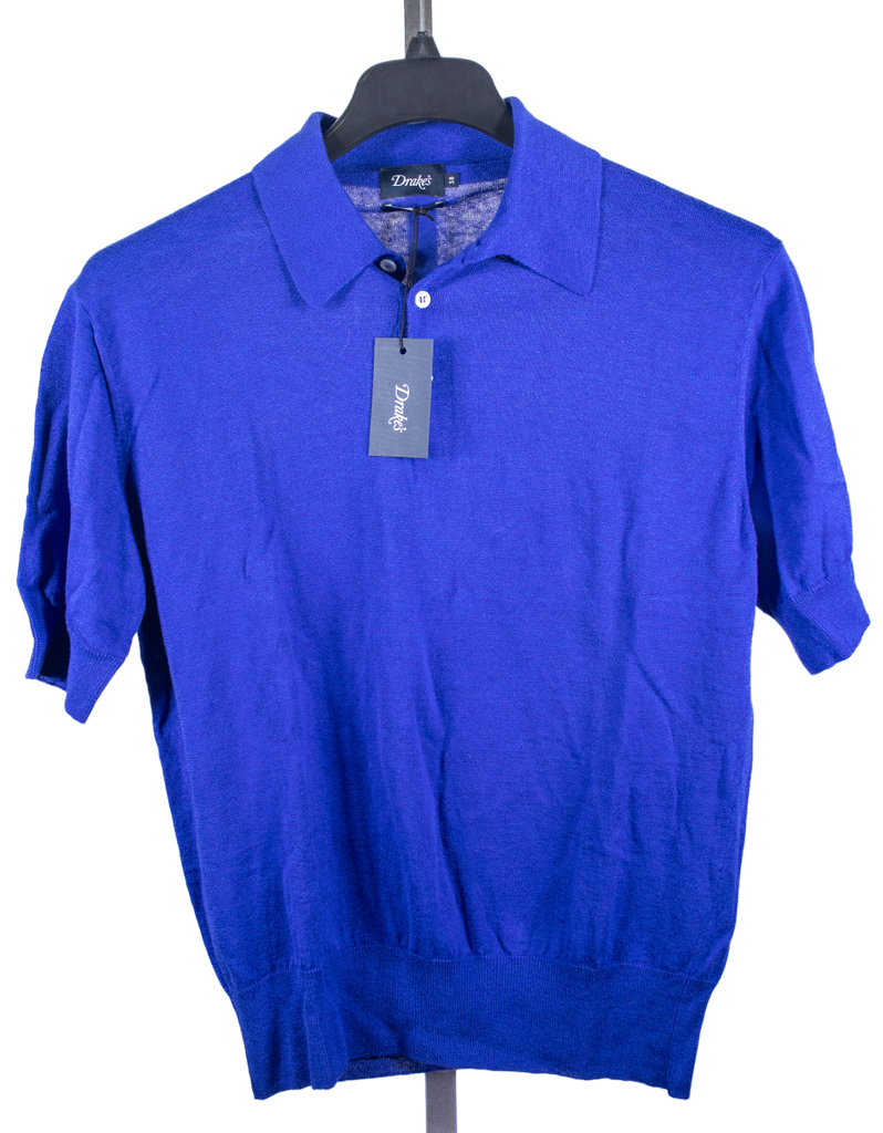 Drake's - Blue Linen/Cotton Knit Short Sleeve Polo