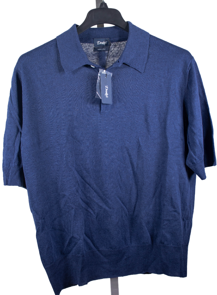 Drake's - Navy Linen/Cotton Knit Short Sleeve Polo