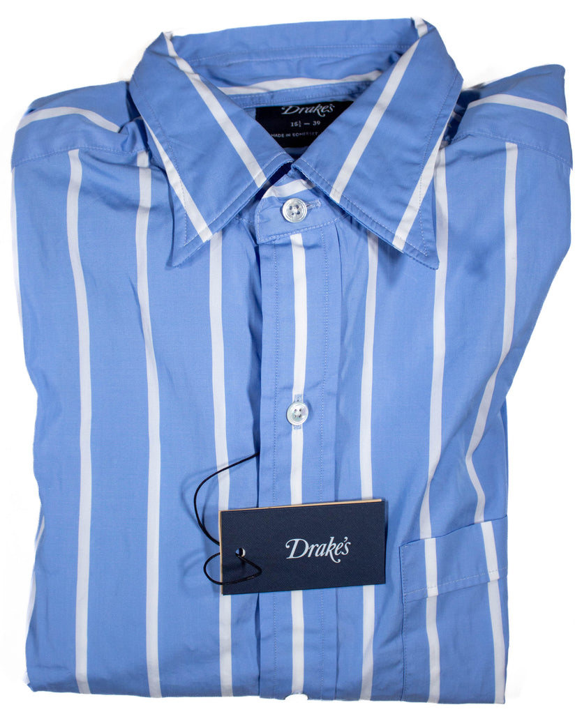 Drake's – Wide Blue & White Stripe Poplin Shirt