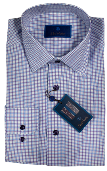 David Donahue - White Dress Shirt w/Blue & Purple Tattersall