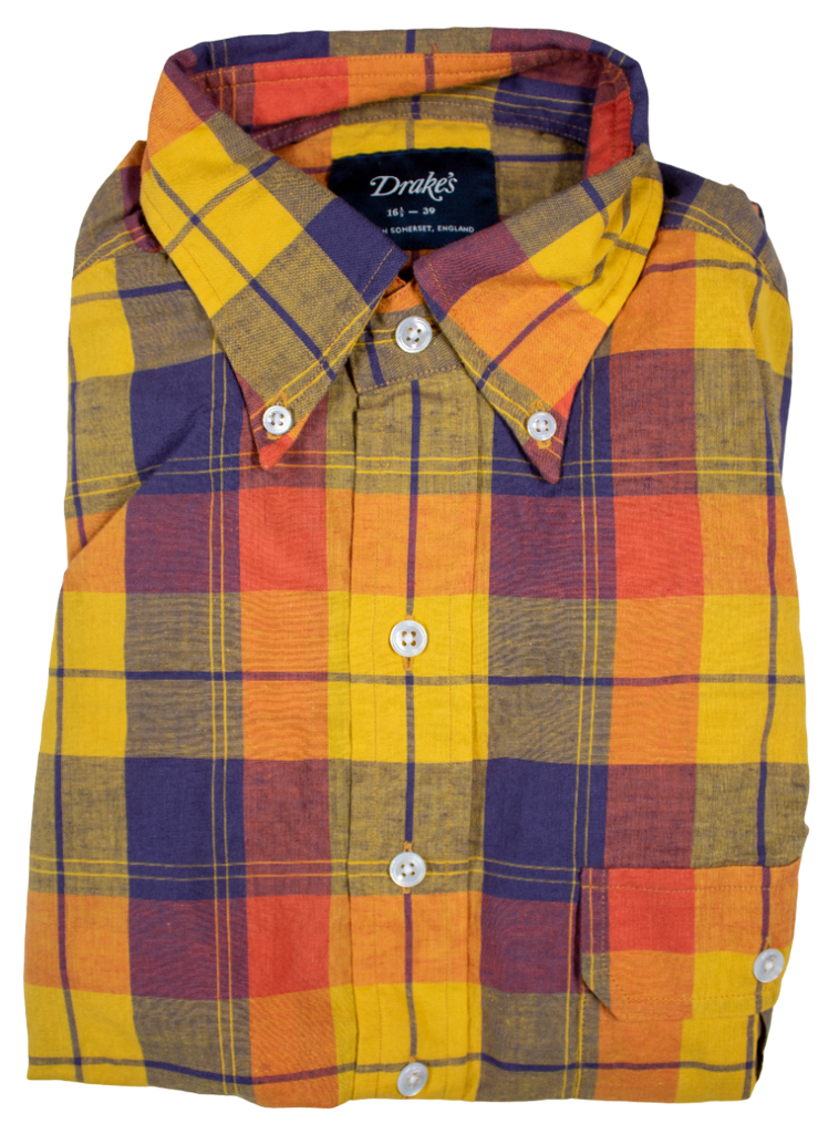 Drake's – Orange Plaid Cotton/Linen Button-down Shirt