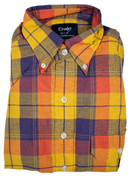 Drake's – Orange Plaid Cotton/Linen Button-down Shirt