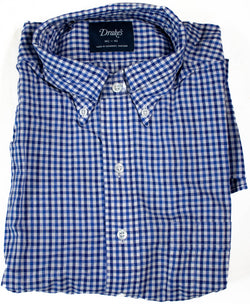 Drake's - Blue & White Gingham Check Cotton/Linen Shirt