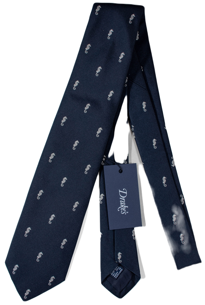 Drake's - Navy Silk Tie w/Seahorse Pattern