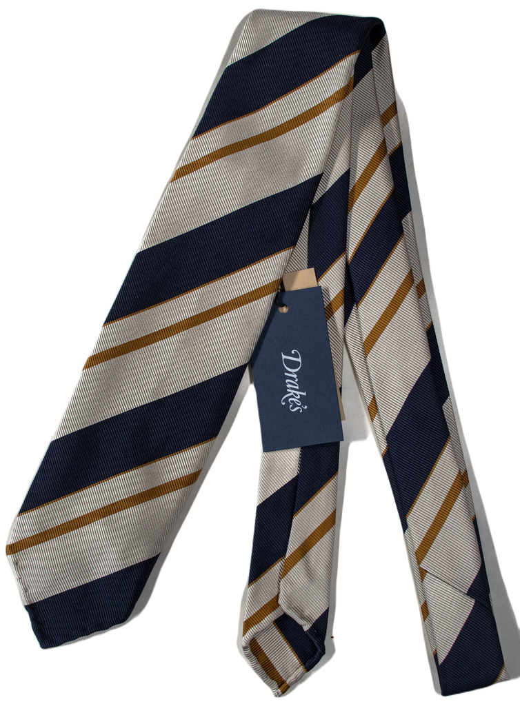 Drake's – Navy, Off-White & Mustard Repp Stripe Silk Tie