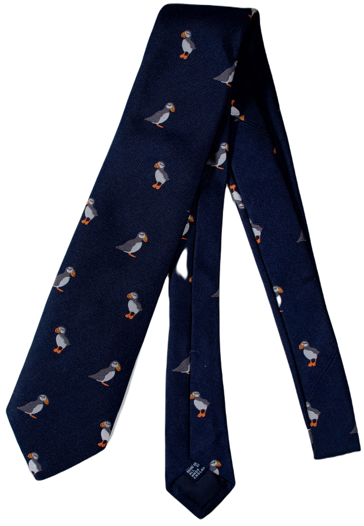 Drake's - Navy Grosgrain Silk Tie w/Puffins
