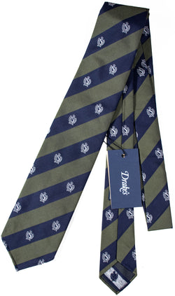 Drake's - Navy & Olive Regimental Stripe Tie w/Crest