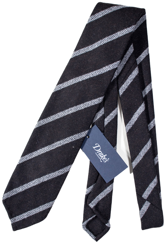 Drake's - Brown Wool Tie w/Gray Repp Stripe