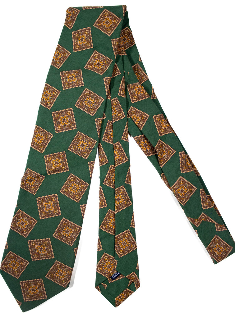 Drake's - Green Silk Tie w/Brown Medallion Print