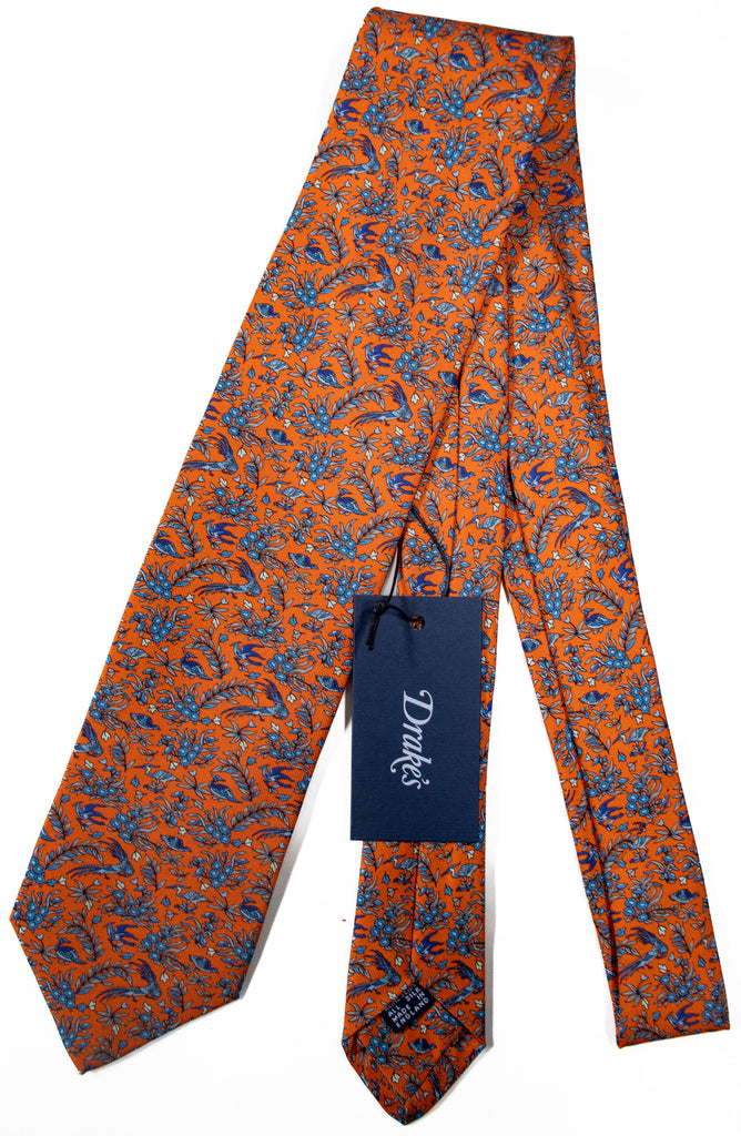 Drake's - Orange Silk Tie w/Blue Bird & Foliage Print